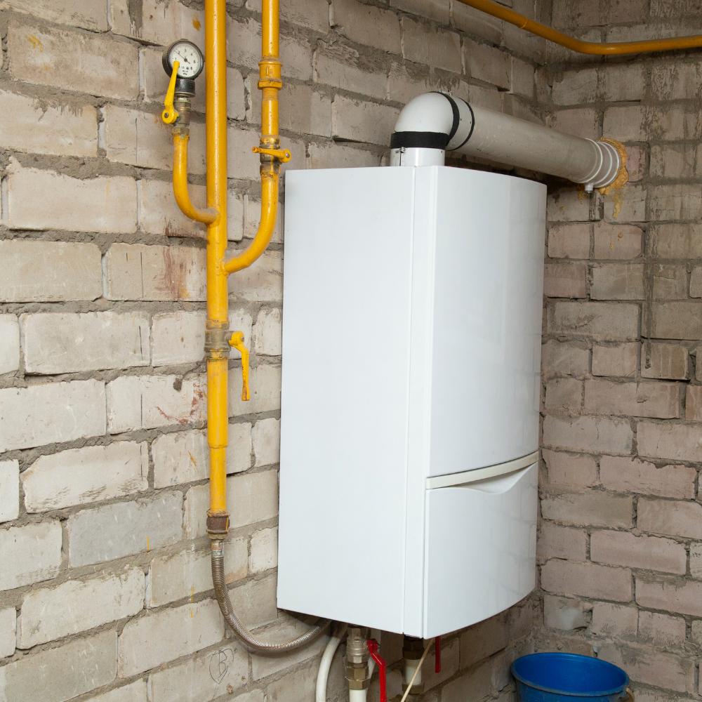a boiler on the wall in a basement with wires and hoses sticking out of it
